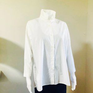 SUPER WHITE LADIES COTTON BUTTON DOWN SHIRT WITH GRAY STRIPE UNDER ARMS …